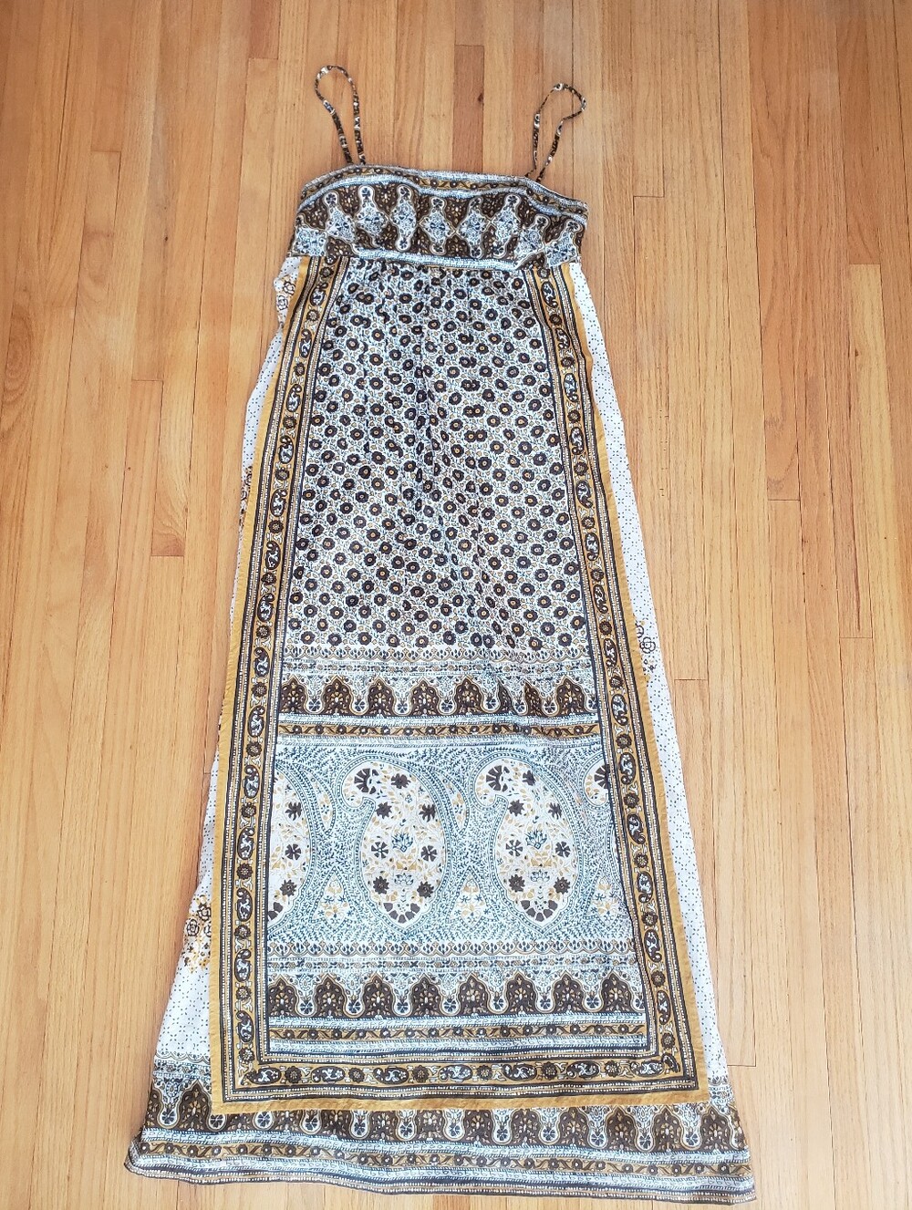 Bohemian Paisley Spaghetti-Strap Maxi Dress in Cream, Blue & Brown